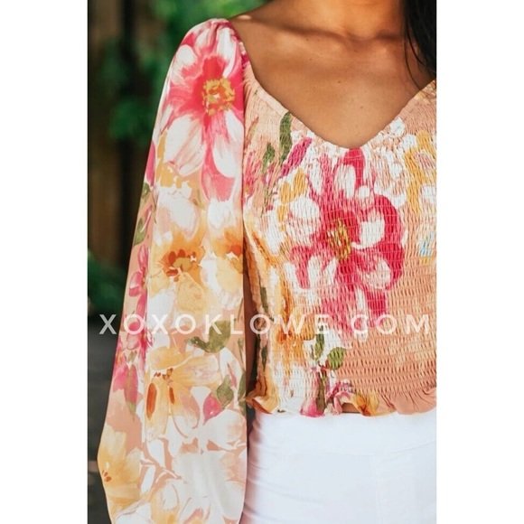 Pink & Yellow Floral Smocked Bubble Sleeve Blouse - Picture 12 of 16